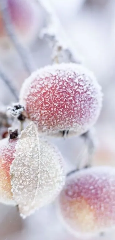 Frost-covered berries on a branch in winter.