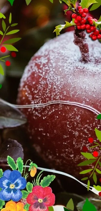 Frosted red apple with green leaves and colorful flowers.