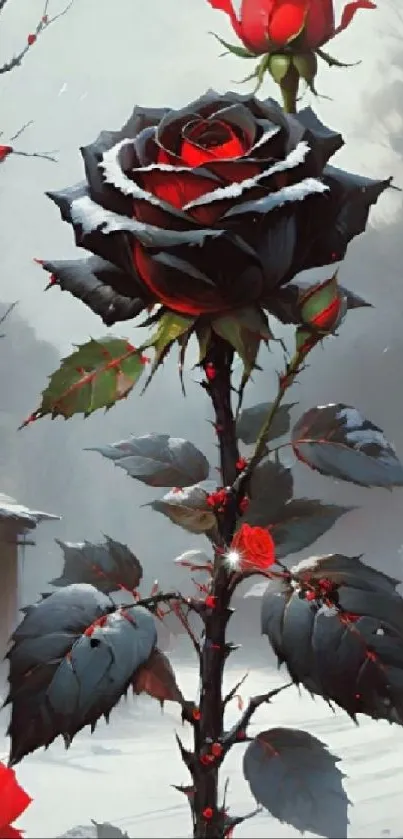 Dark rose in winter with snow and red highlights.