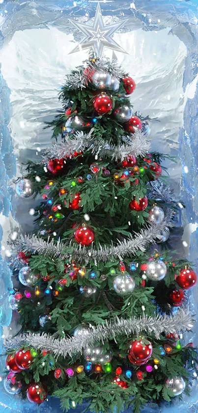 Frosted Christmas tree with red and silver ornaments on a blue background.