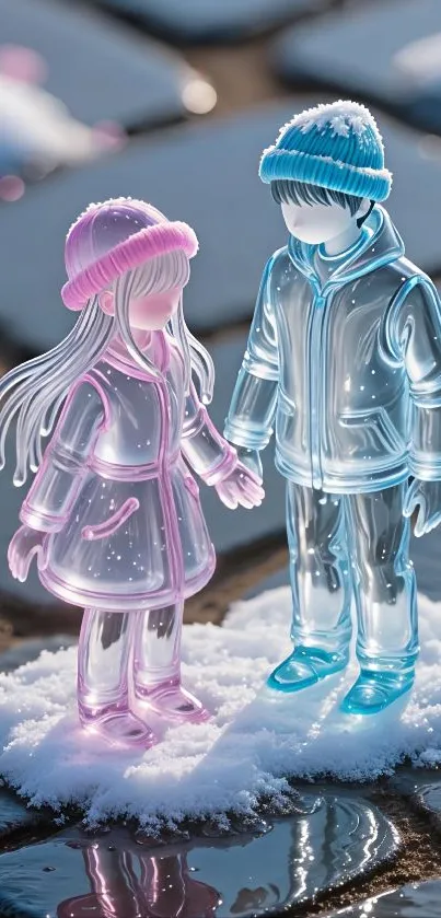 Frosted figurines on icy surface, winter theme.