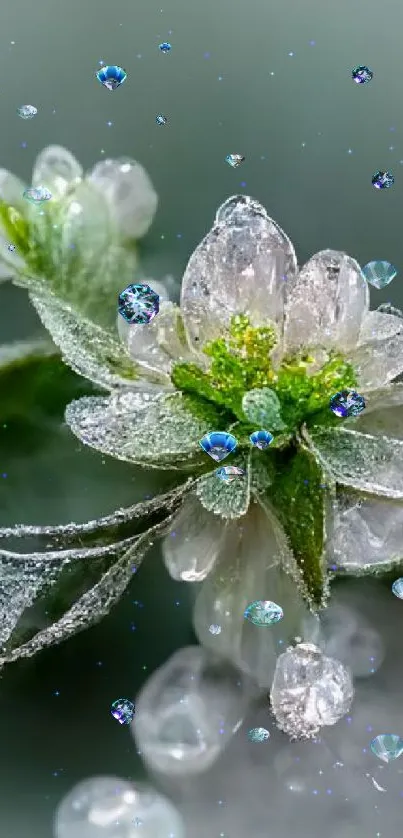 Close-up of a frosted flower with crystal-like ice droplets.