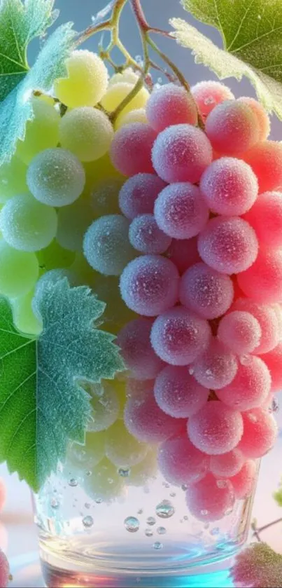 Frosted grapes with leaves on a vibrant mobile wallpaper.