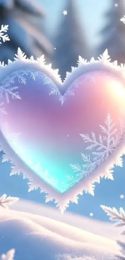Frosted heart with snowflakes on a winter background.
