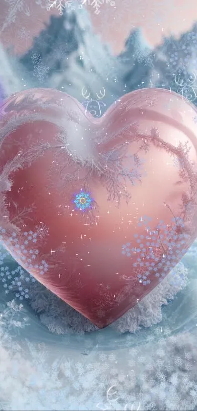 A frosted heart in a winter wonderland scene with snowflakes.