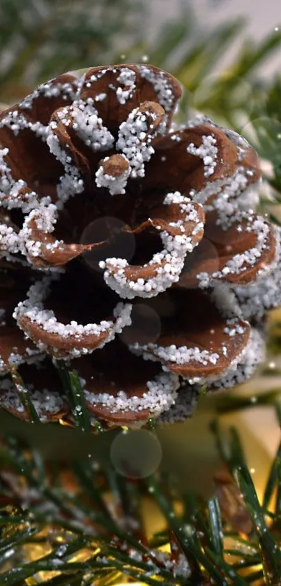 Frosted pinecone with snow on evergreen branches for a festive winter wallpaper.