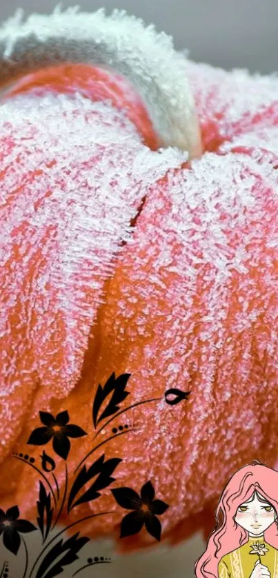 Frosted orange pumpkin with floral art and cartoon character.