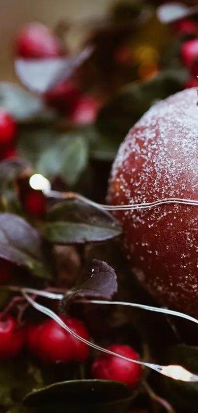 Wallpaper of frosted red apple with berries and leaves, perfect for nature lovers.