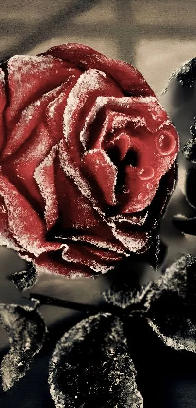 Frosted red rose close-up wallpaper.