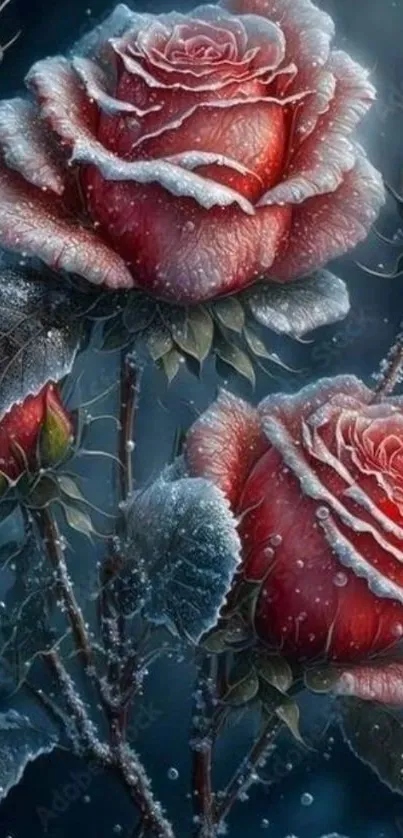 Frosted red roses with icy crystals in a winter setting.