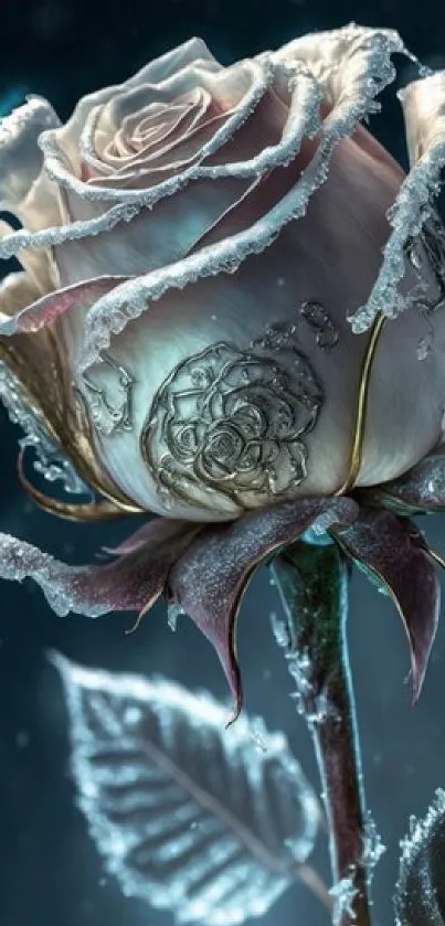 A beautiful frosted white rose on a mobile wallpaper design.
