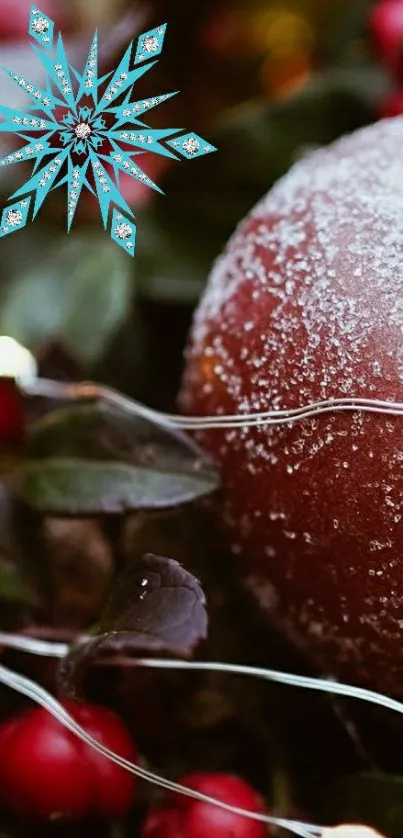 Frosty apple with festive decor and icy details on a winter-themed background.