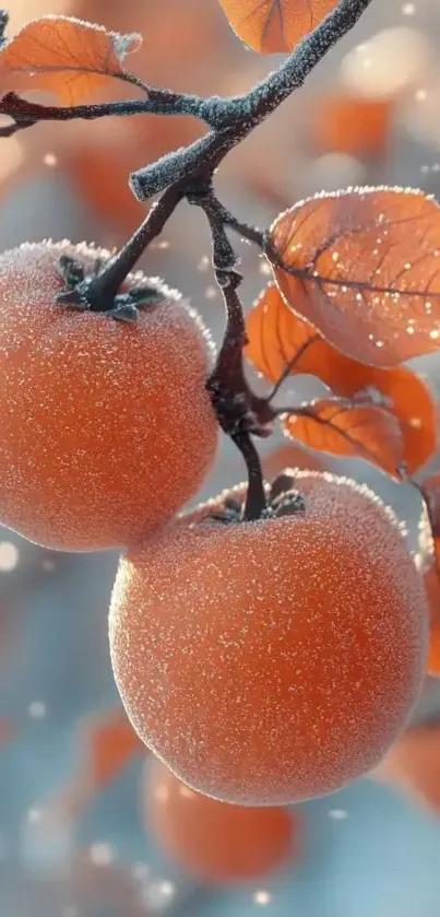 Frost-covered apples and orange leaves on a branch.