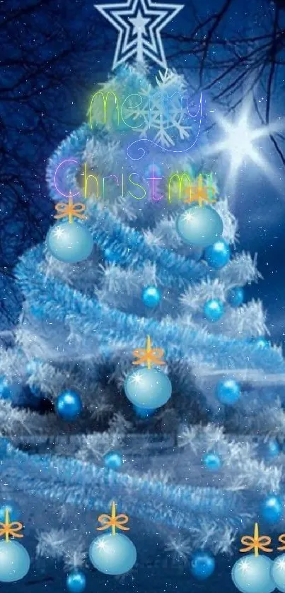 Frosty blue Christmas tree with glowing ornaments on mobile wallpaper.