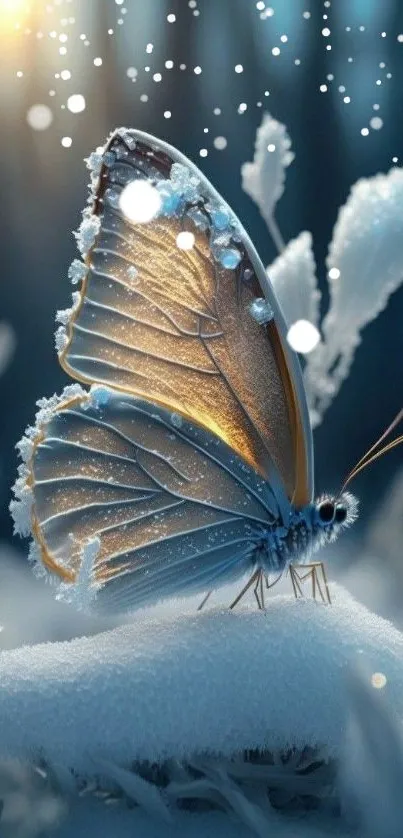 Blue butterfly with frosty wings in serene winter scene.