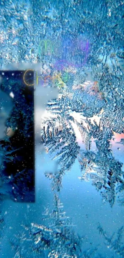 Frosty Christmas wallpaper with blue icy patterns.