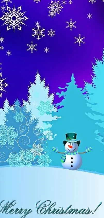 Festive wallpaper with snowman and snowflakes in a Christmas setting.