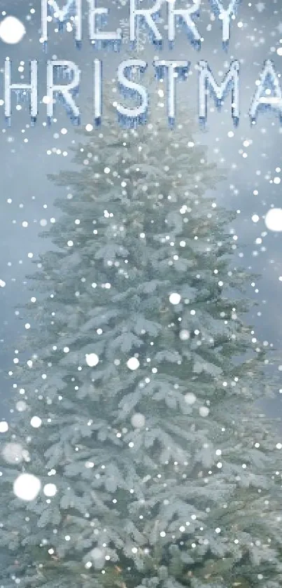 Frosty Christmas tree with snowflakes on a gray winter background.