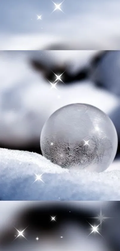 Crystalline snow globe on frosty snow with sparkles.