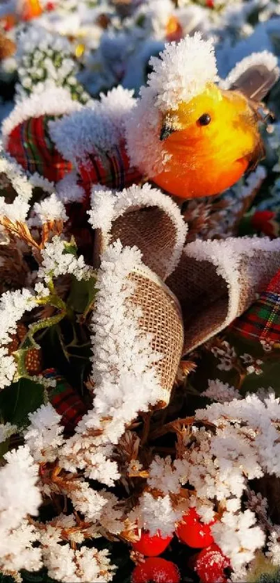 Festive bird in frost-covered foliage with vibrant colors.