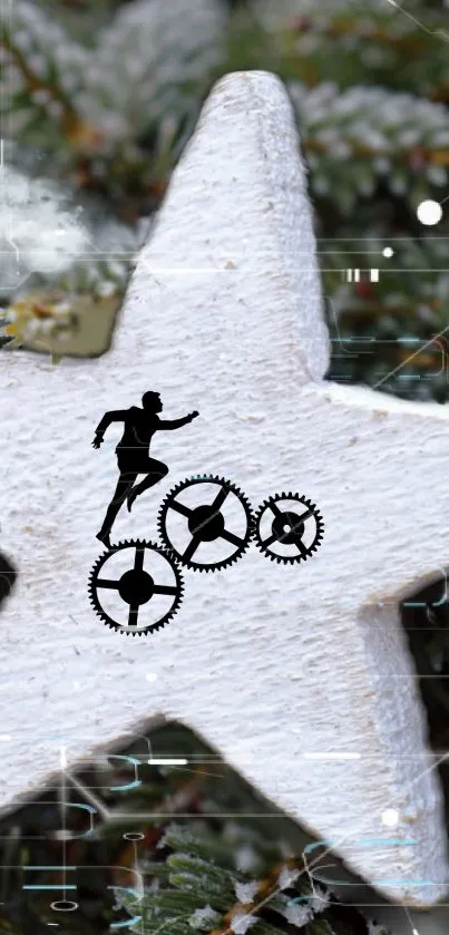 White star with gears and runner on snowy background.