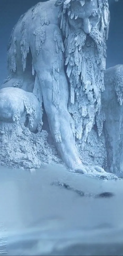 Frosty giant statue in a winter landscape.