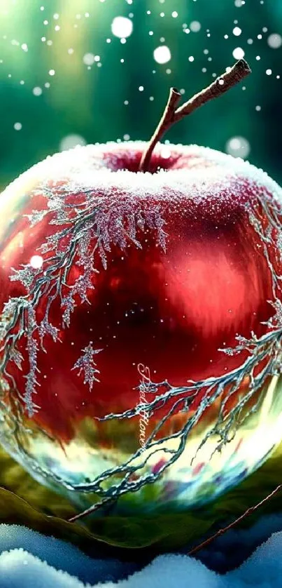 Frosty red apple on snowy ground, nature wallpaper.