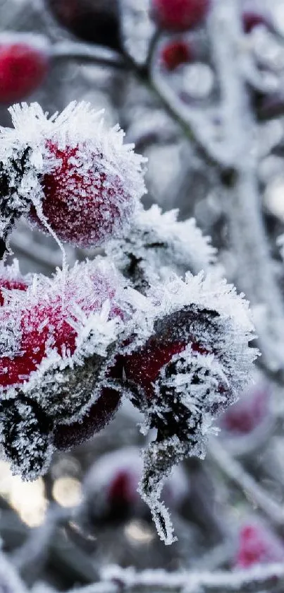 Red berries covered in frost on branches.