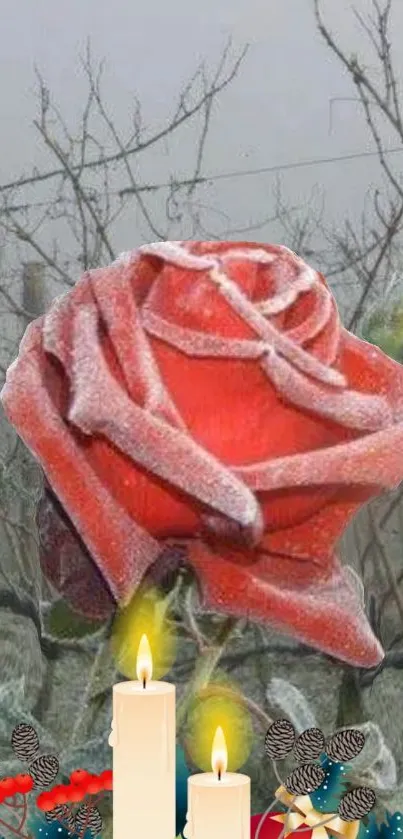 Close-up of a frosty red rose with candles in winter.