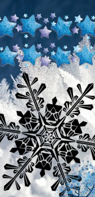 Frosty snowflake wallpaper with blue stars and icy details.