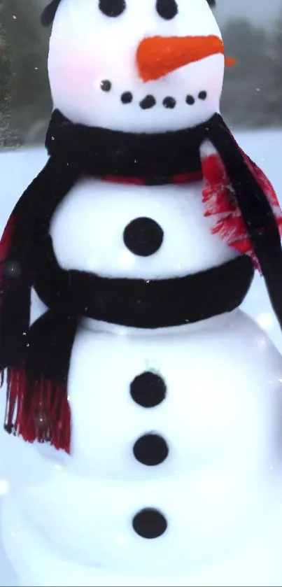 Whimsical snowman with scarf in a snowy winter scene.