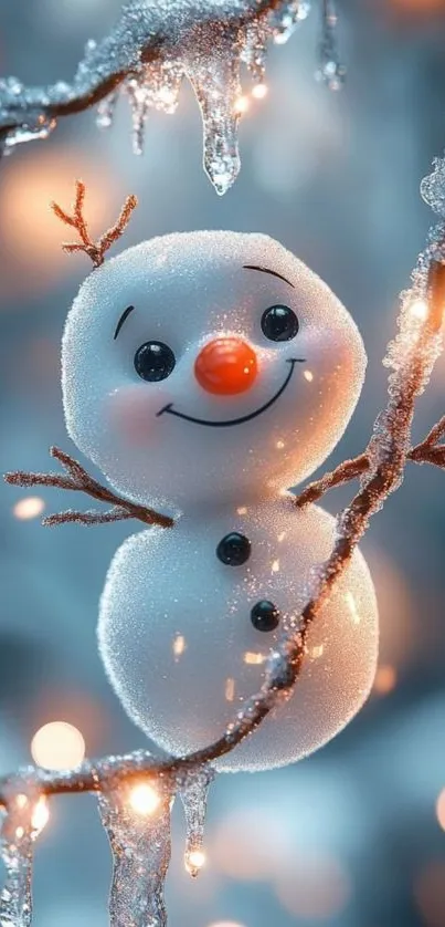 Adorable snowman on icy branches with warm lights.