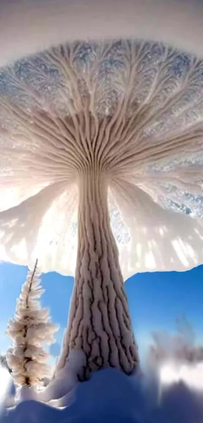 Snow-covered tree creating a winter wonderland on a clear blue sky background.