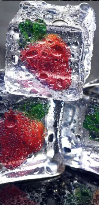 Vibrant strawberries encased in clear ice cubes on a mobile wallpaper.