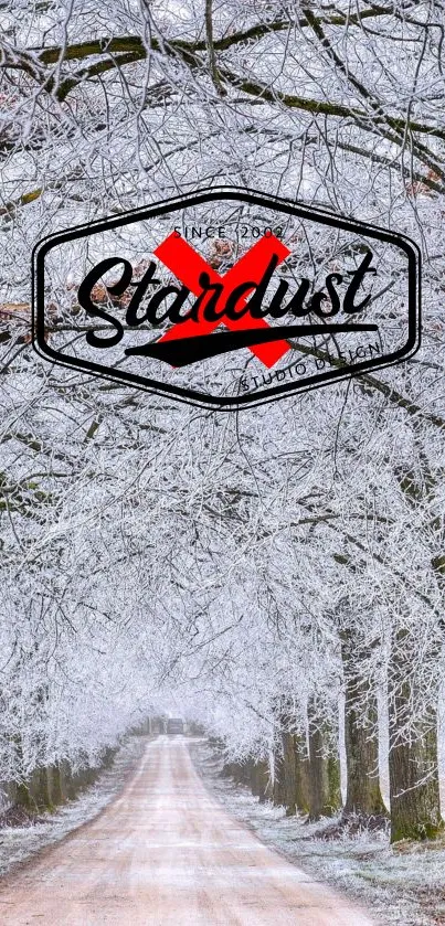 Image of a frosty tree-lined winter road in a serene snowy landscape with logo.