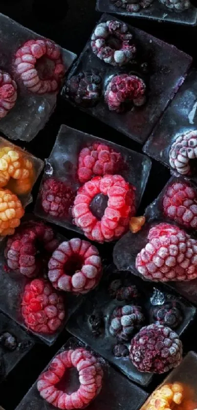 Close-up of vibrant frozen berries on ice.