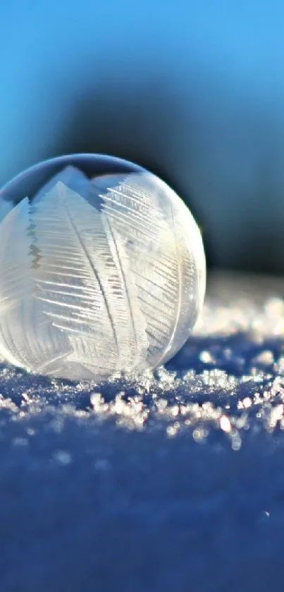 Frozen bubble rests on snow under blue sky.