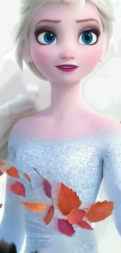 Frozen movie character with autumn leaves and white background.