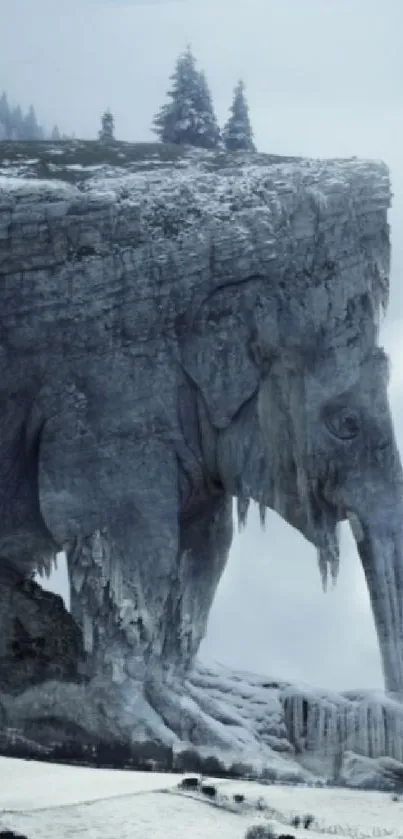 Surreal icy cliff resembling an elephant in winter landscape.