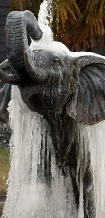 Frozen elephant fountain sculpture with ice formations.