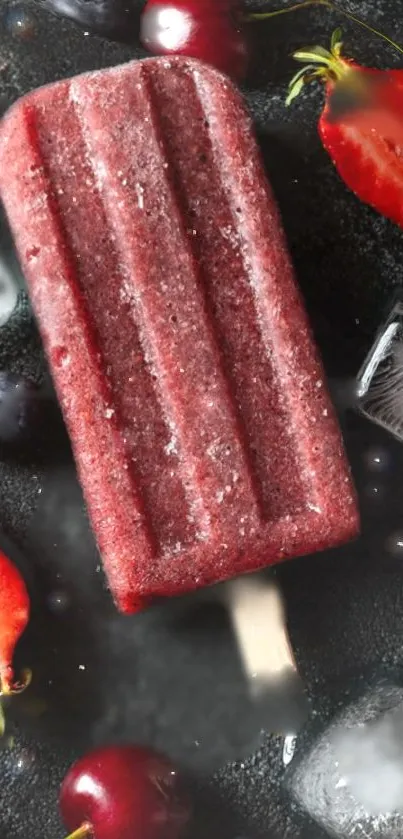 A red popsicle with berries and ice, perfect for a cool phone wallpaper.