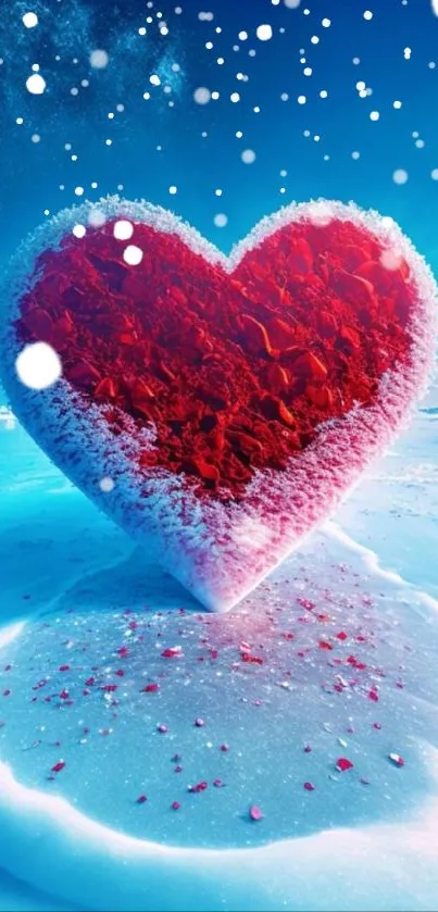 A frosted red heart on icy blue terrain, perfect for mobile wallpaper.