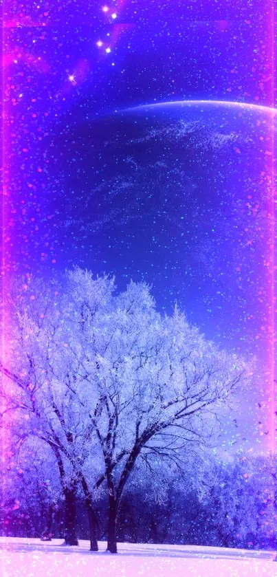 Frozen landscape with snowy trees under a starlit sky.