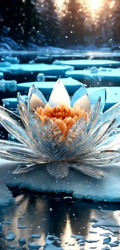 Frozen lotus on icy lake with winter forest backdrop.