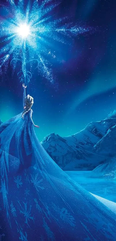 Frozen princess casting magic under blue night sky.