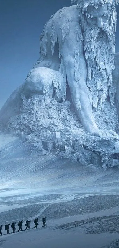 Colossal ice giant in a serene, frozen landscape.