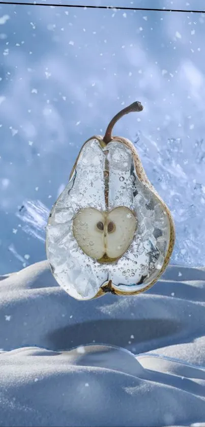 Frozen pear amidst snowy landscape, wintry art wallpaper.