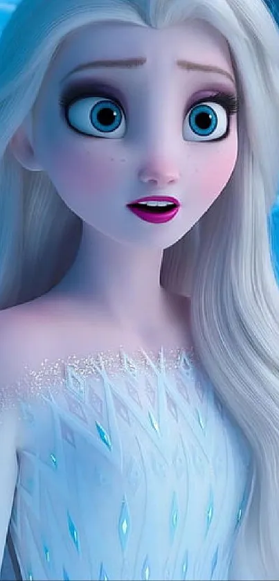 Frozen-themed anime princess with icy blue eyes and a snow-themed background.