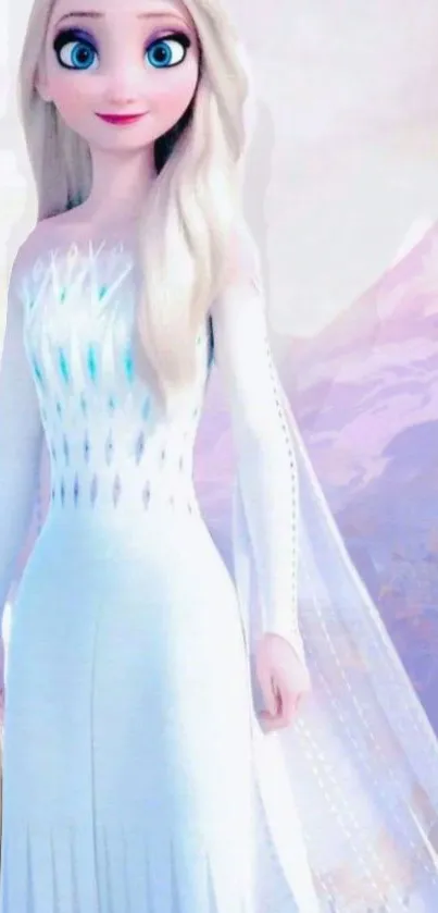 Elegant animated princess in icy blue dress with winter backdrop.