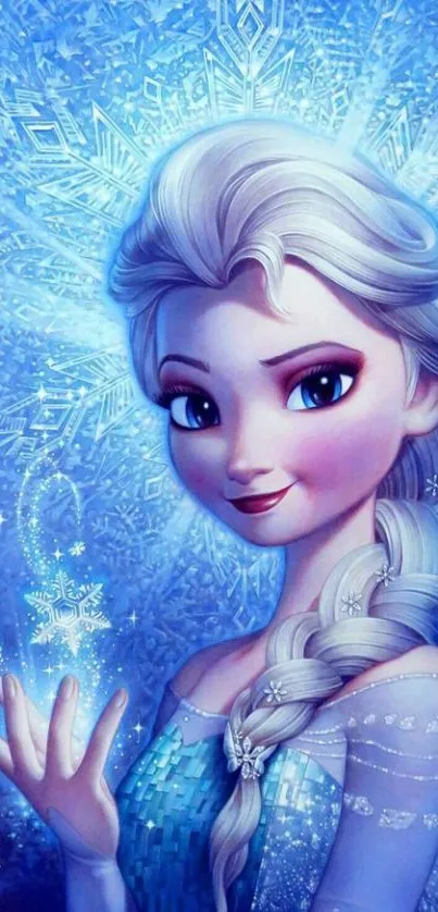 Disney-inspired illustration of a princess surrounded by snowflakes.